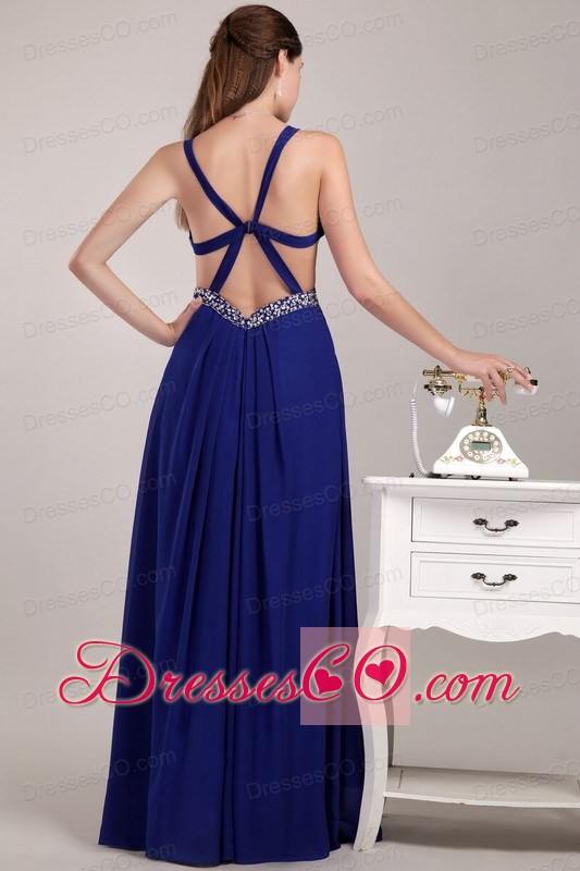Blue Empire Straps Long Chiffon Beading Prom / Evening Dress