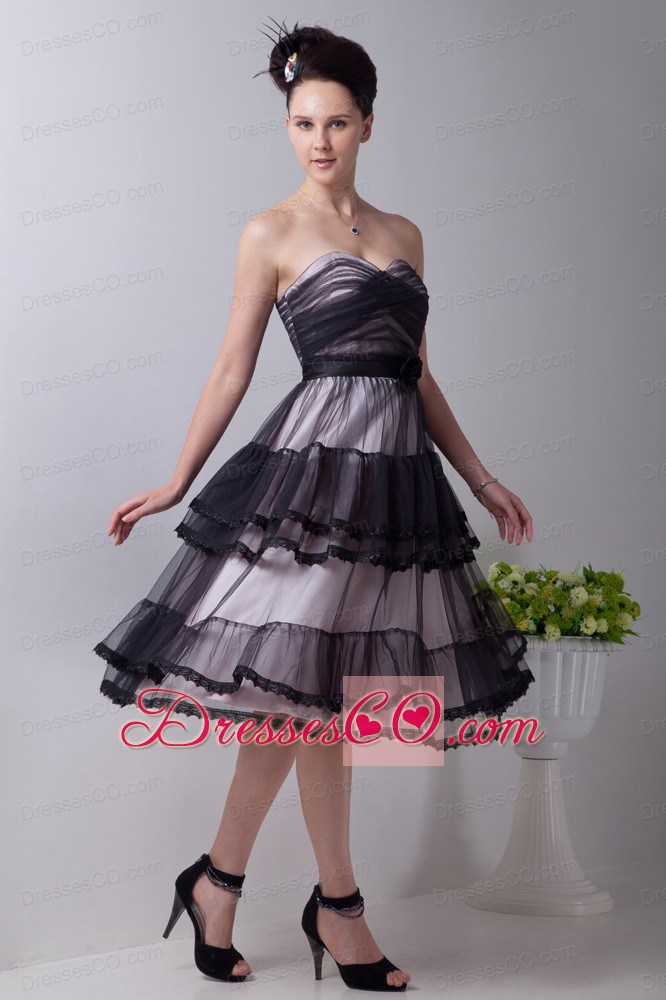 Black Empire Tea-length Tulle Hand Made Flowers Prom / Homecoming Dress