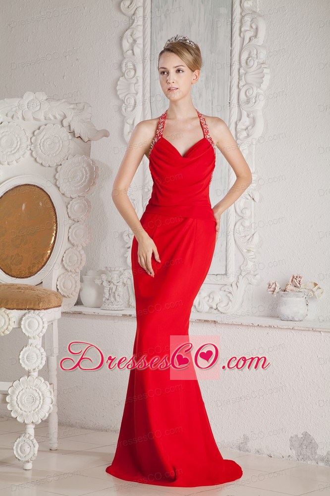 Red Mermaid Halter Ruching And Beading Prom Dress Long Chiffon