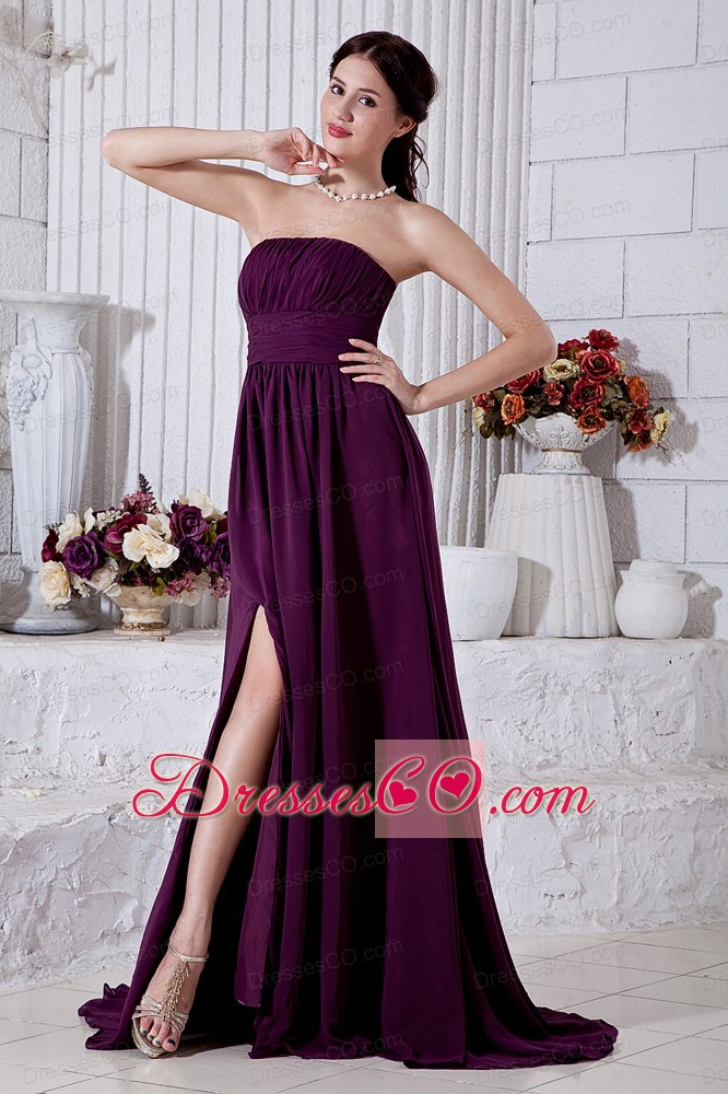 Dark Purple Empire Strapless Ruching Prom / Evening Dress Brush Train Chiffon