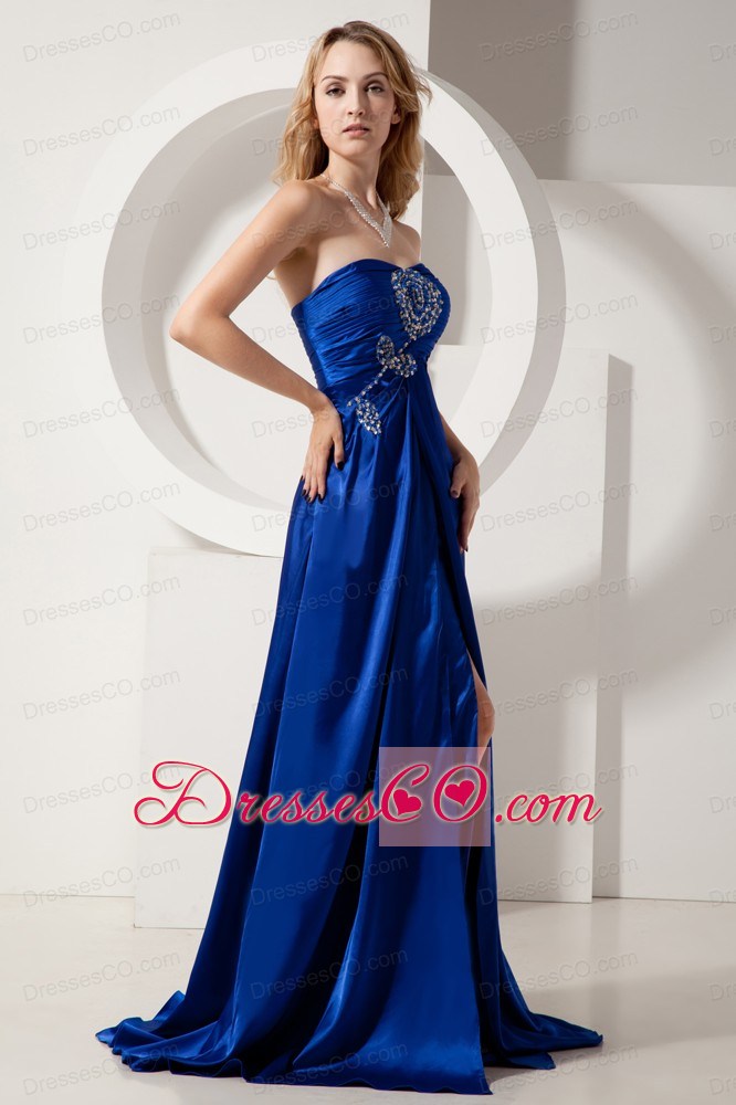 Royal Blue Column Strapless Prom Dress Elastic Woven Satin Beading Brush Train
