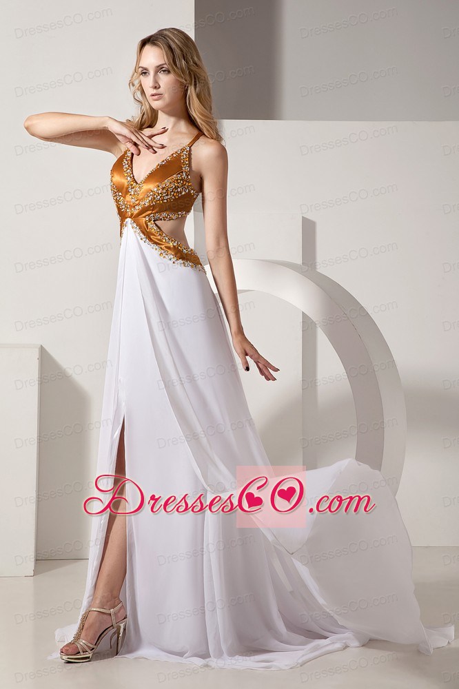 White A-line V-neck Brush Train Satin and Chiffon Beading Prom / Evening Dress