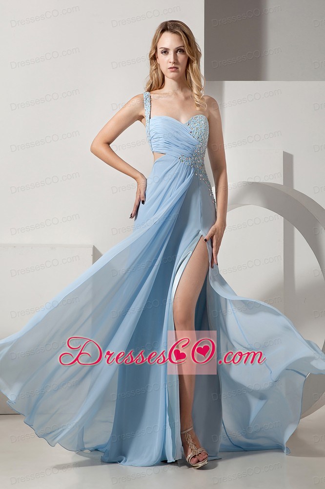 Light Blue Prom Dress Empire One Shoulder Brush Train Chiffon and Elastic Woven Satin Beading and Ruching