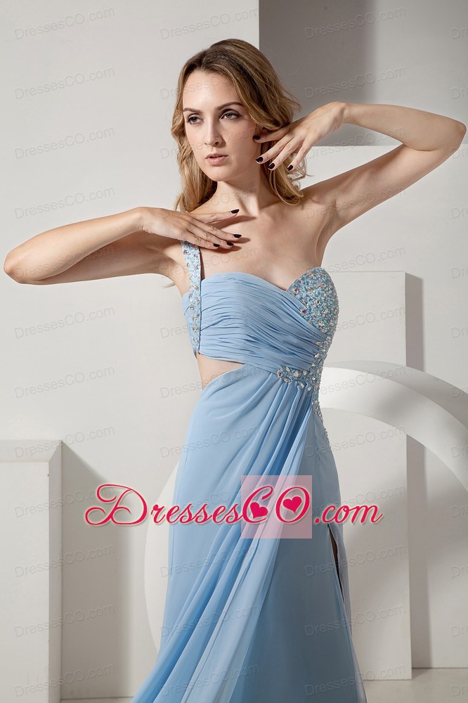Light Blue Prom Dress Empire One Shoulder Brush Train Chiffon and Elastic Woven Satin Beading and Ruching
