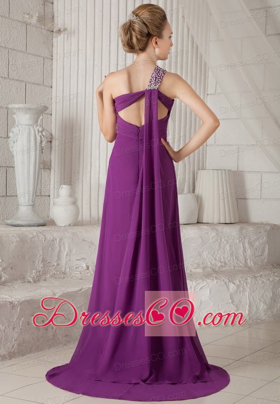 Purple Empire One Shoulder Watteau Train Chiffon Beading Prom / Evening Dress