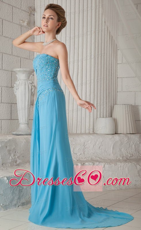 Aqua Blue Column Strapless Brush Train Chiffon Beading and Ruching Prom / Celebrity Dress