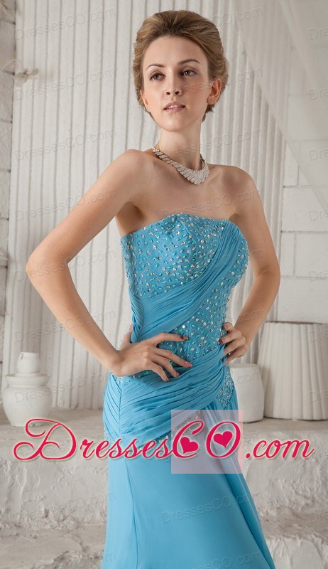 Aqua Blue Column Strapless Brush Train Chiffon Beading and Ruching Prom / Celebrity Dress