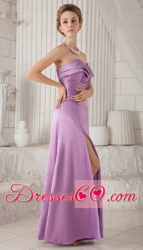 Lavender Column Long Satin Ruched Bridesmaid Dress