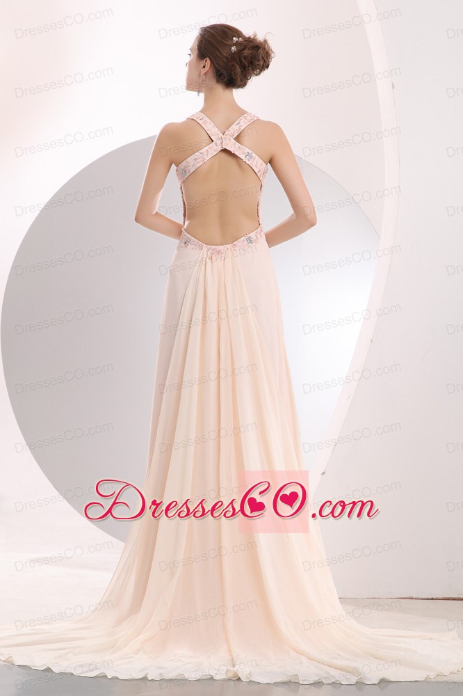 Beautiful Light Pink Prom / Evening Dress Empire Straps Appliques Watteau Train Chiffon