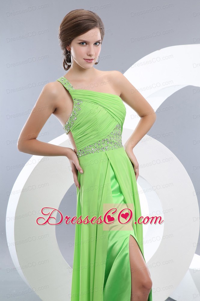 Sexy Light Green One Shoulder Prom / Evening Dress Brush Train Chiffon Beading Empire