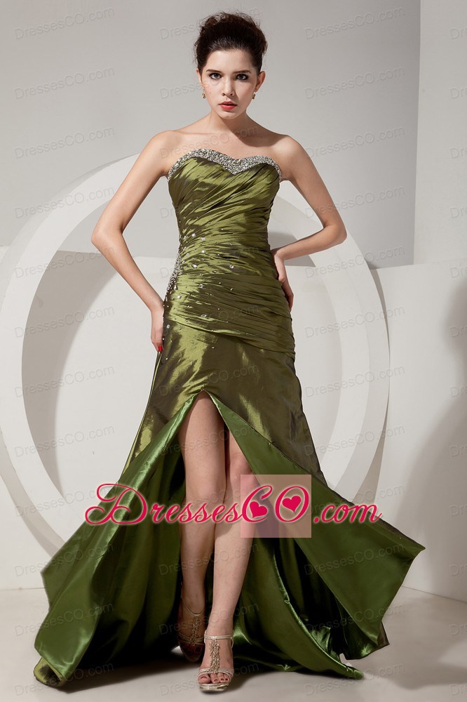 Gorgeous Olive Green Prom Dress Column / Sheath Beading and Ruching Brush Train Satin