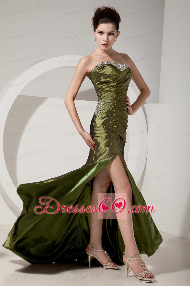 Gorgeous Olive Green Prom Dress Column / Sheath Beading and Ruching Brush Train Satin
