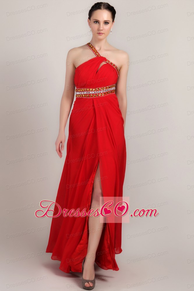 Red Empire One Shoulder Ankle-length Chiffon Rhinestone Prom Dress