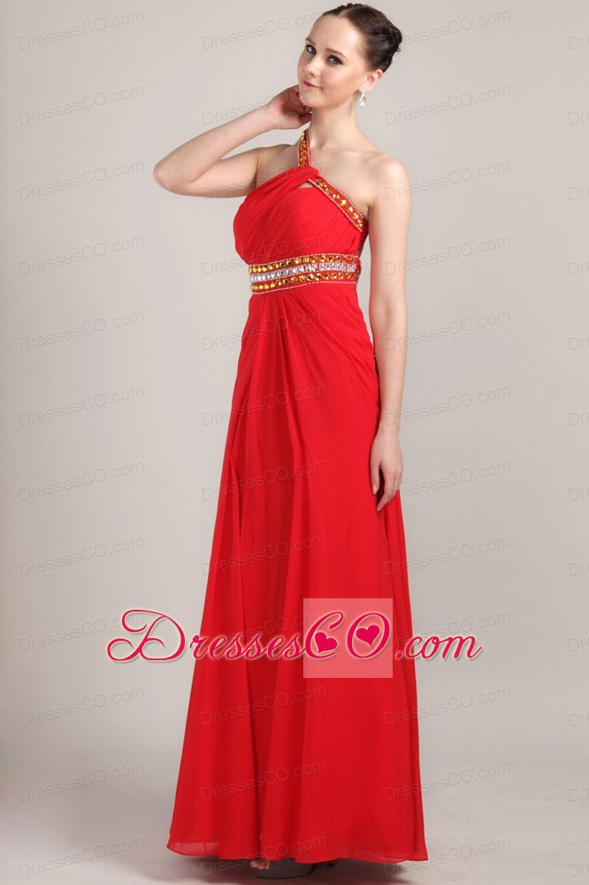Red Empire One Shoulder Ankle-length Chiffon Rhinestone Prom Dress