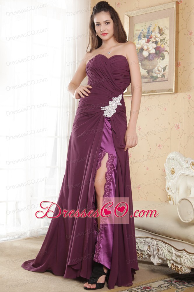 Dark Purple Column Prom Dress Chiffon Appliques Brush Train