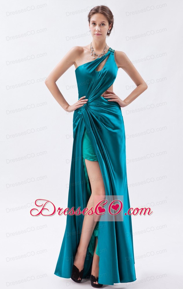 Teal Column / Sheath One Shoulder Prom Dress Elastic Woven Satin Beading And Ruching Long
