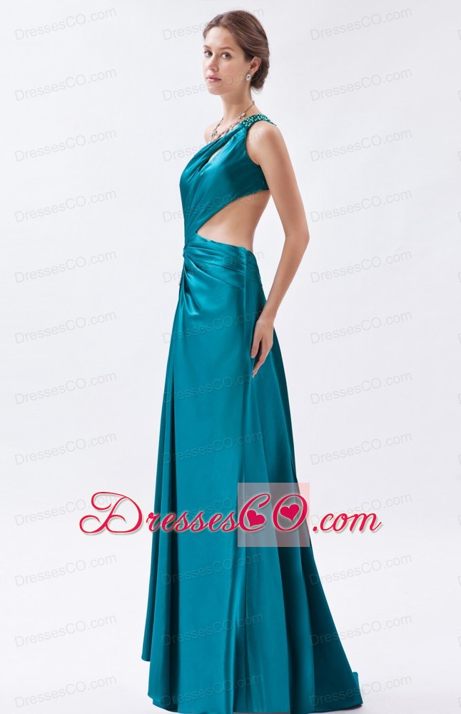 Teal Column / Sheath One Shoulder Prom Dress Elastic Woven Satin Beading And Ruching Long