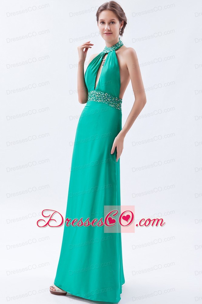 Turquoise Column / Sheath Prom Dress Backless Chiffon Beading High-neck