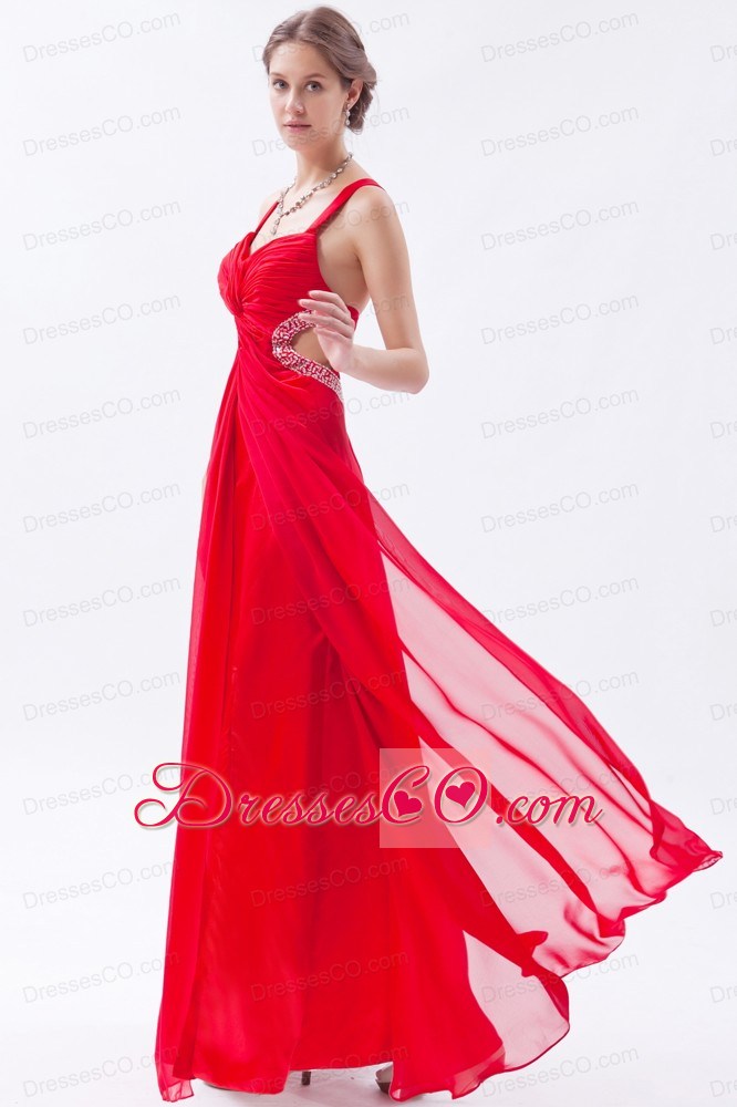 Red Empire Straps Prom Dress Chiffon Beading Ankle-length