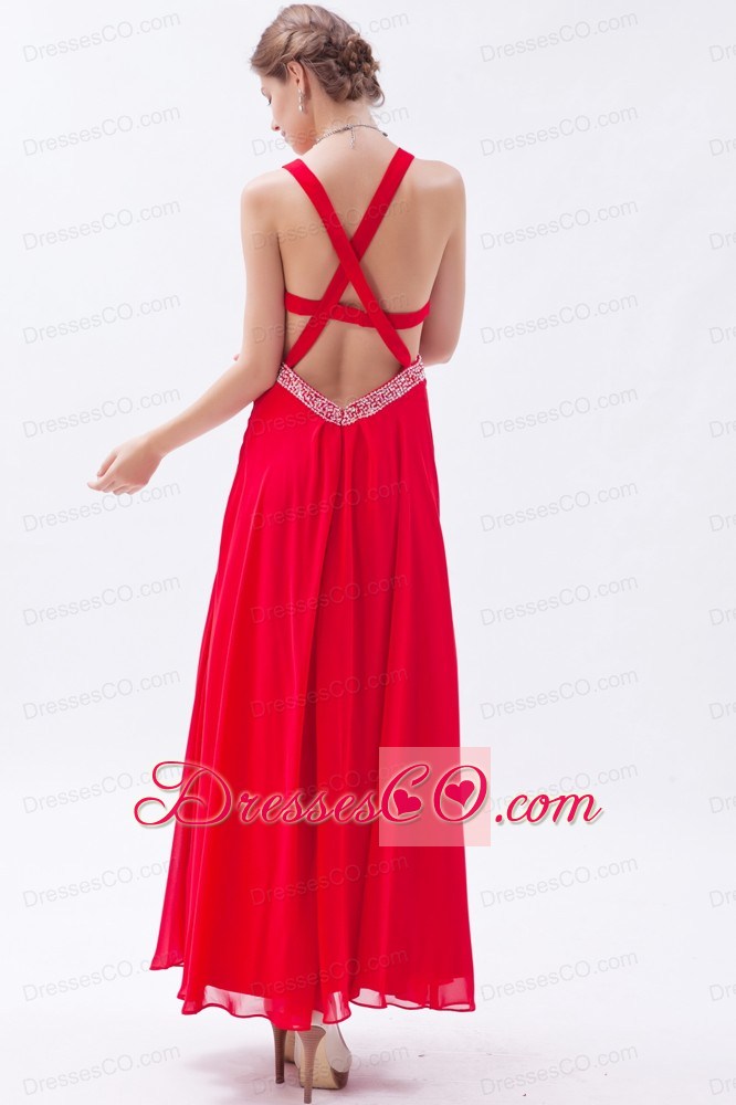 Red Empire Straps Prom Dress Chiffon Beading Ankle-length