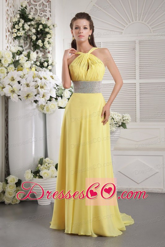 Yellow Empire Halter Brush Train Chiffon Beading and Ruching Prom / Graduation Dress