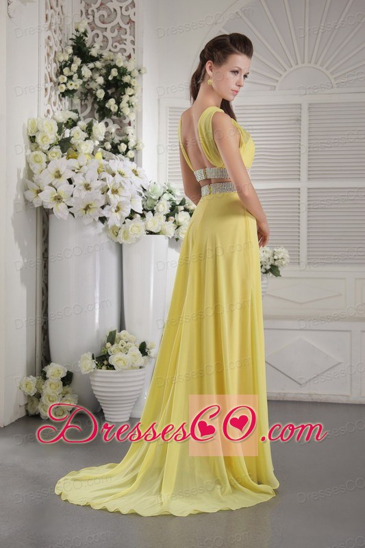 Yellow Empire Halter Brush Train Chiffon Beading and Ruching Prom / Graduation Dress