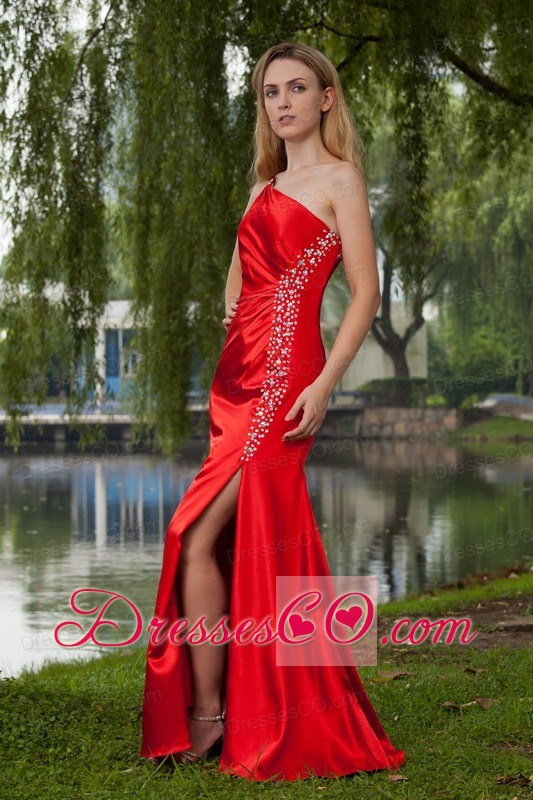 Red Empire One Shoulder Long Taffeta Beading Prom Dress