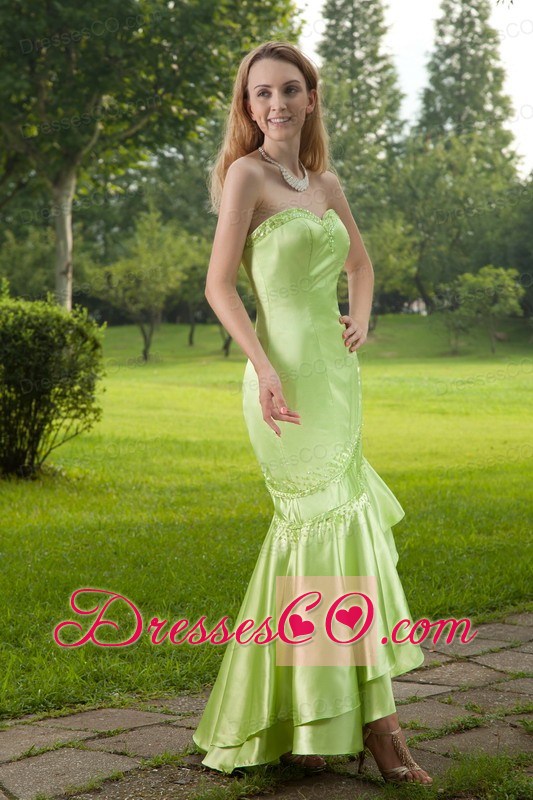 Spring Green Mermaid High-low Taffeta Beading Prom Dress