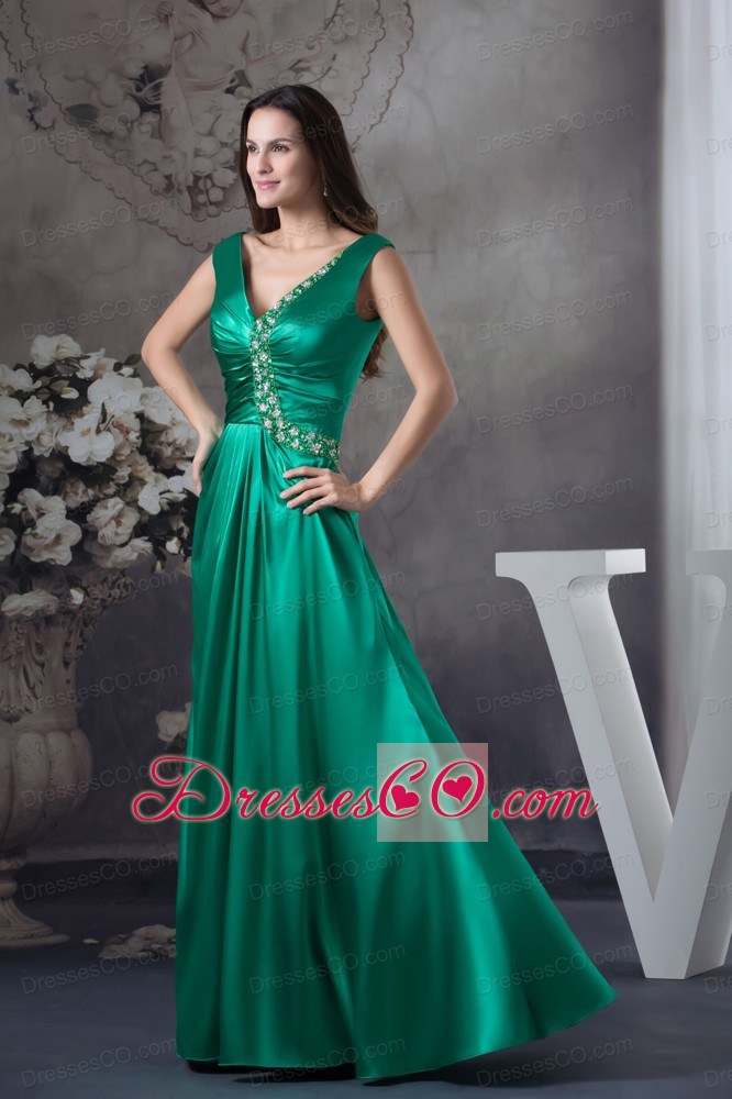 Beading V-neck Green long Column Prom Dress