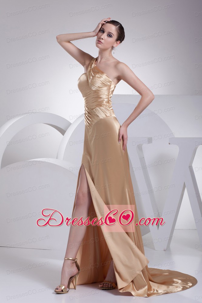 One Shoulder High Slit Brush Train Gold Prom Dress