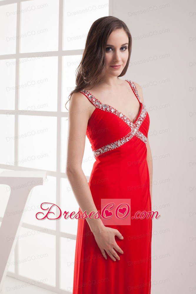 Straps High Slit Empire Beading Long Red Prom Dress