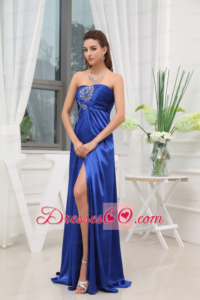 Blue High Slit Beading Elastic Woven Satin Prom Dress
