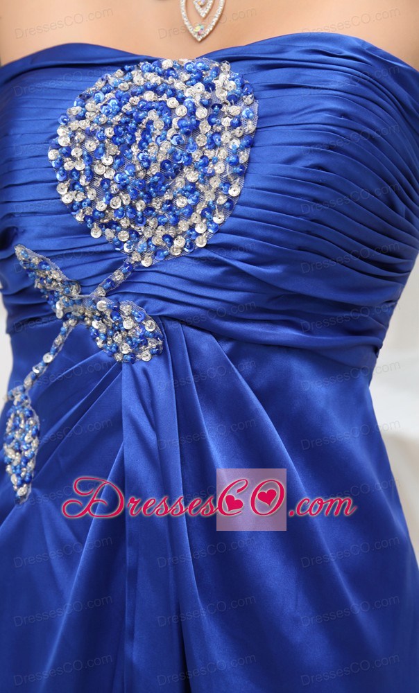 Blue High Slit Beading Elastic Woven Satin Prom Dress