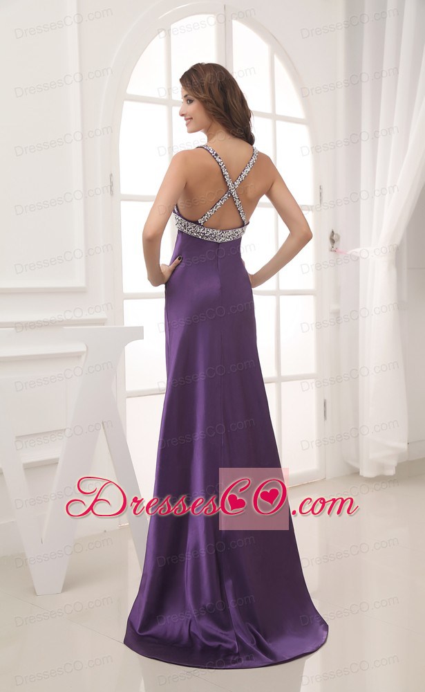 Beaded Decorate Shoulder Halter Top Prom Dress With Cross Criss Back