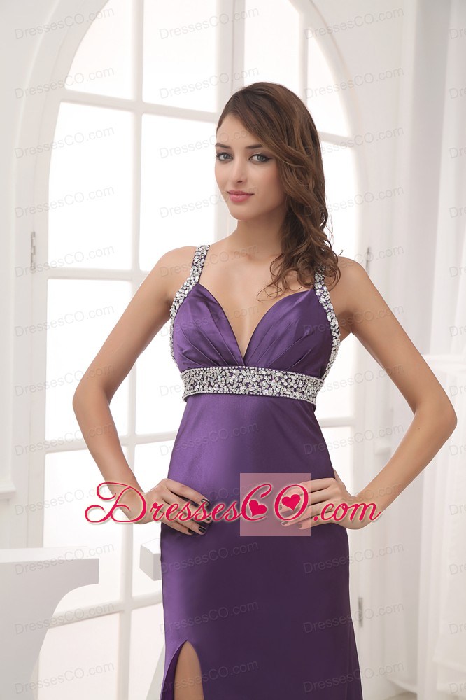 Beaded Decorate Shoulder Halter Top Prom Dress With Cross Criss Back