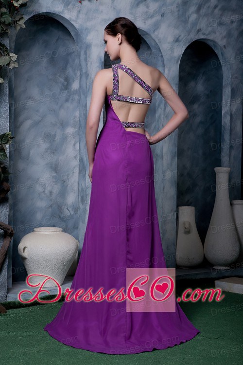 Eggplant Purple Column Prom / Homecoming Dress One Shoulder Chiffon Brush Train