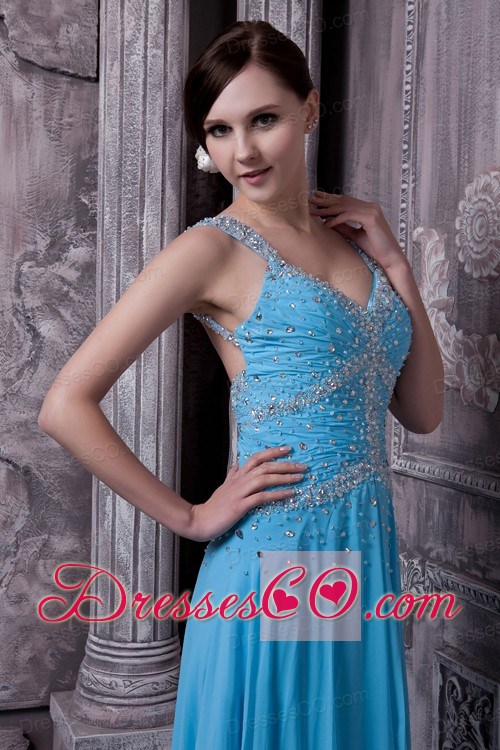 Discount Aqua Blue Evening Dress Empire Straps Chiffon Beading Long