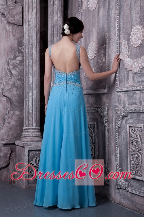 Discount Aqua Blue Evening Dress Empire Straps Chiffon Beading Long