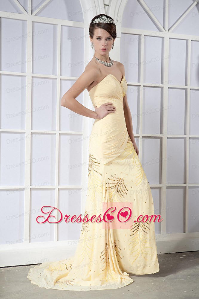 Light Yellow Column Brush Train Chiffon Sequins Prom Dress