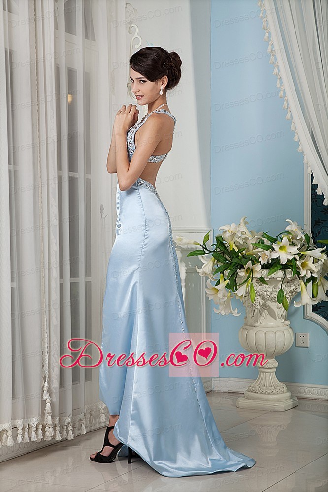 Custom Made Light Blue Column Straps Prom Dress Satin Beading Brush Train