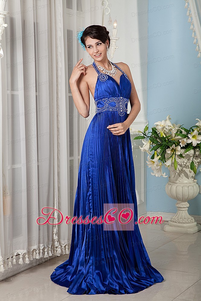 Royal Blue Prom / Celebrity Dress Empire Halter Elastic Woven Satin Beading Brush Train