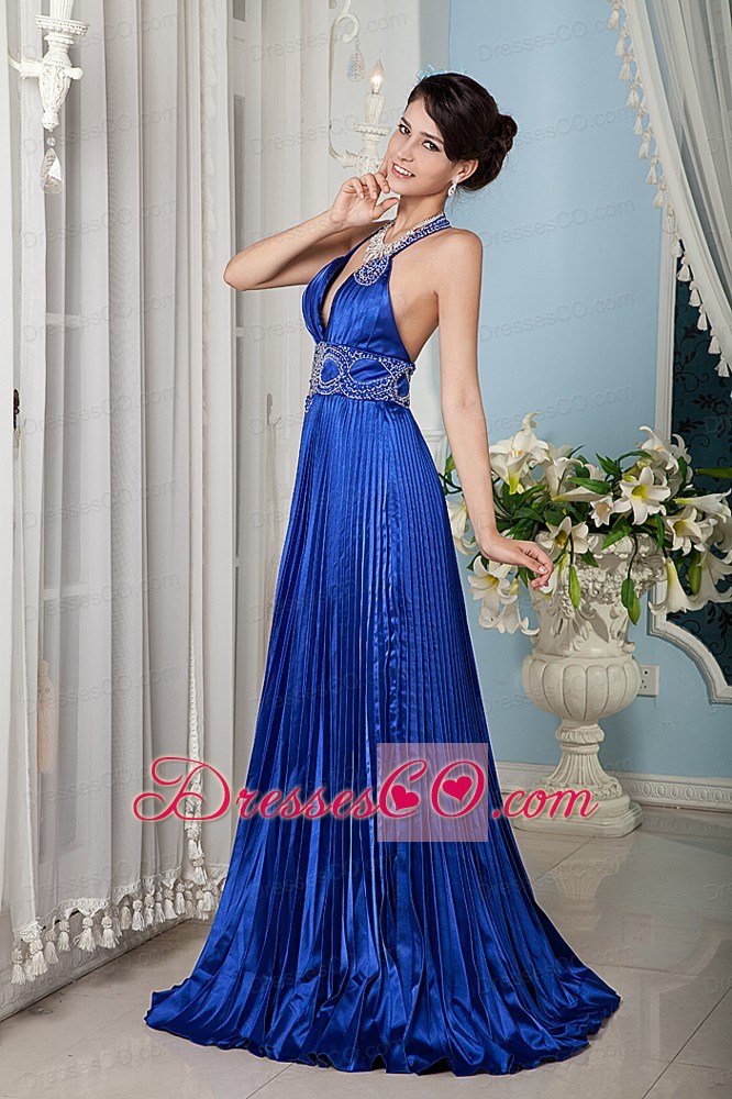 Royal Blue Prom / Celebrity Dress Empire Halter Elastic Woven Satin Beading Brush Train