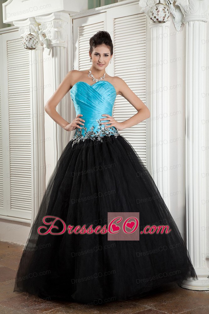 The Brand New Style Baby Blue And Black A-line Prom Dress Tulle Appliques Long