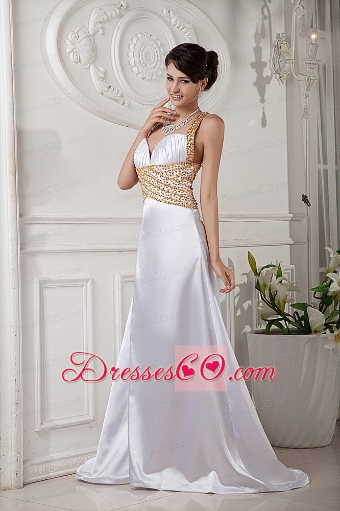 Elegant White Prom Dress A-line / Princess Straps Brush Train Satin Beading