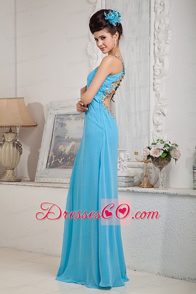 Modest Aqua Blue Empire One Shoulder Prom Dress Chiffon Beading Long