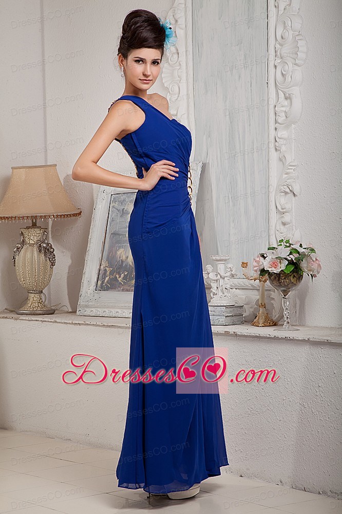 Lovely Royal Blue Empire Evening Dress One Shoulder Chiffon Ruched Ankle-length