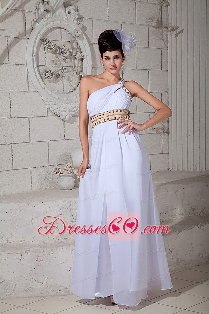 Cute White Empire Prom Dress One Shoulder Ruche Brush Train Chiffon