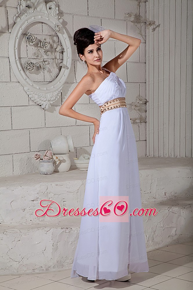 Cute White Empire Prom Dress One Shoulder Ruche Brush Train Chiffon