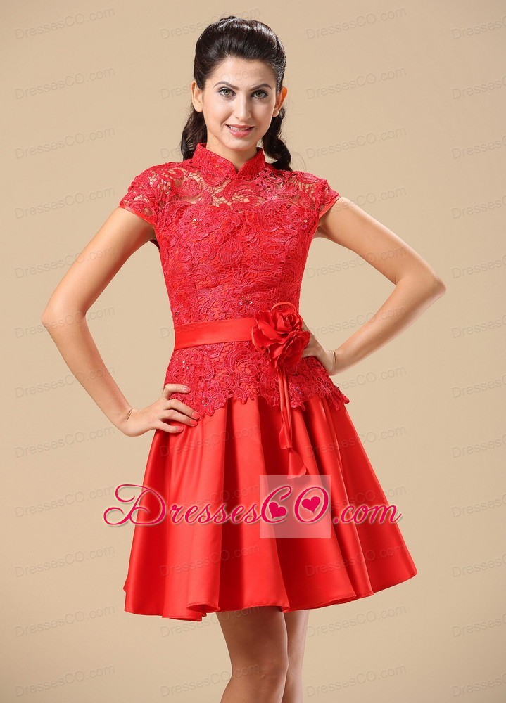High-neck Red Homecoming Dress With Sash Lace and Taffeta
