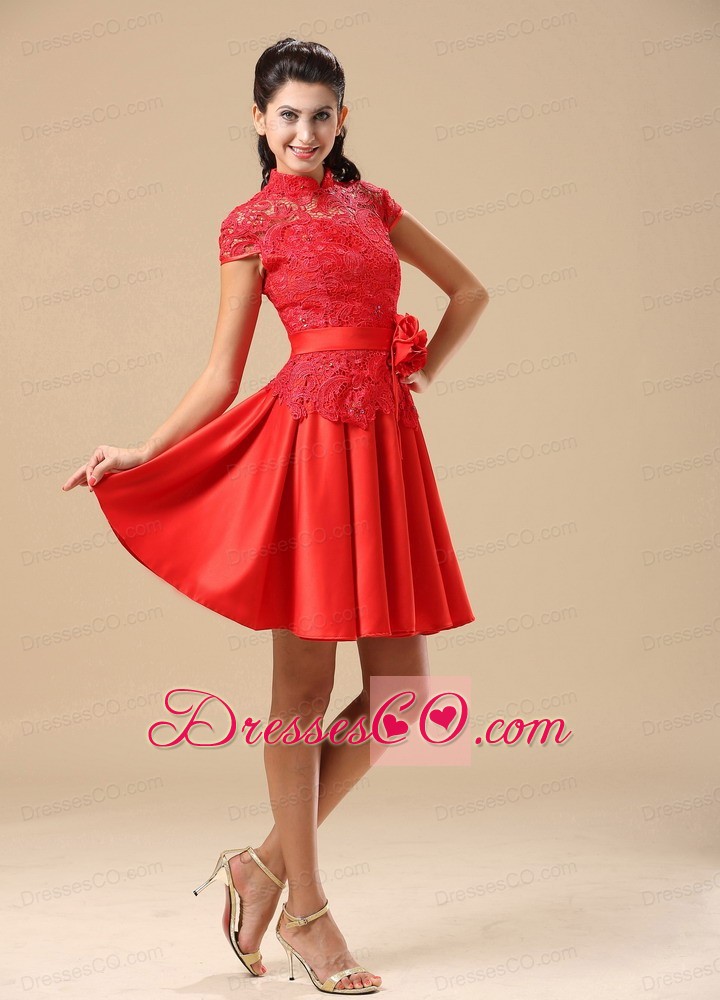 High-neck Red Homecoming Dress With Sash Lace and Taffeta